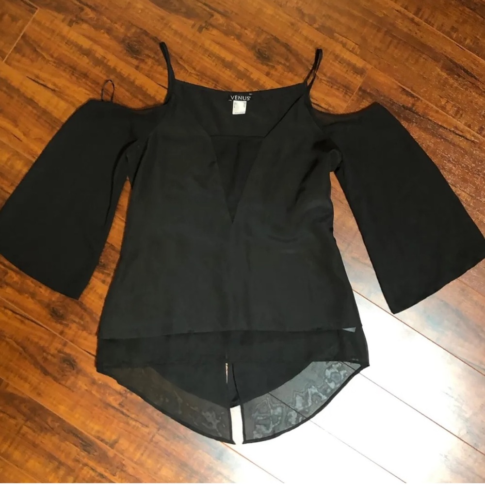 Venus Dressy BoHo Hippie Black Peasant Sheer Cold Shoulder Shirt Top XS